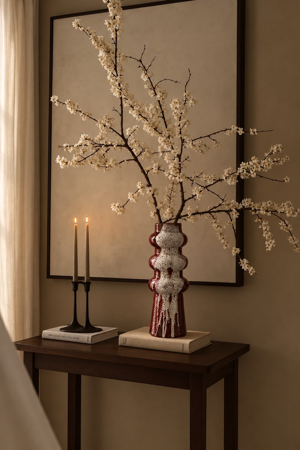 Red speckled ceramic vase with blossom branches on a console with two candles
