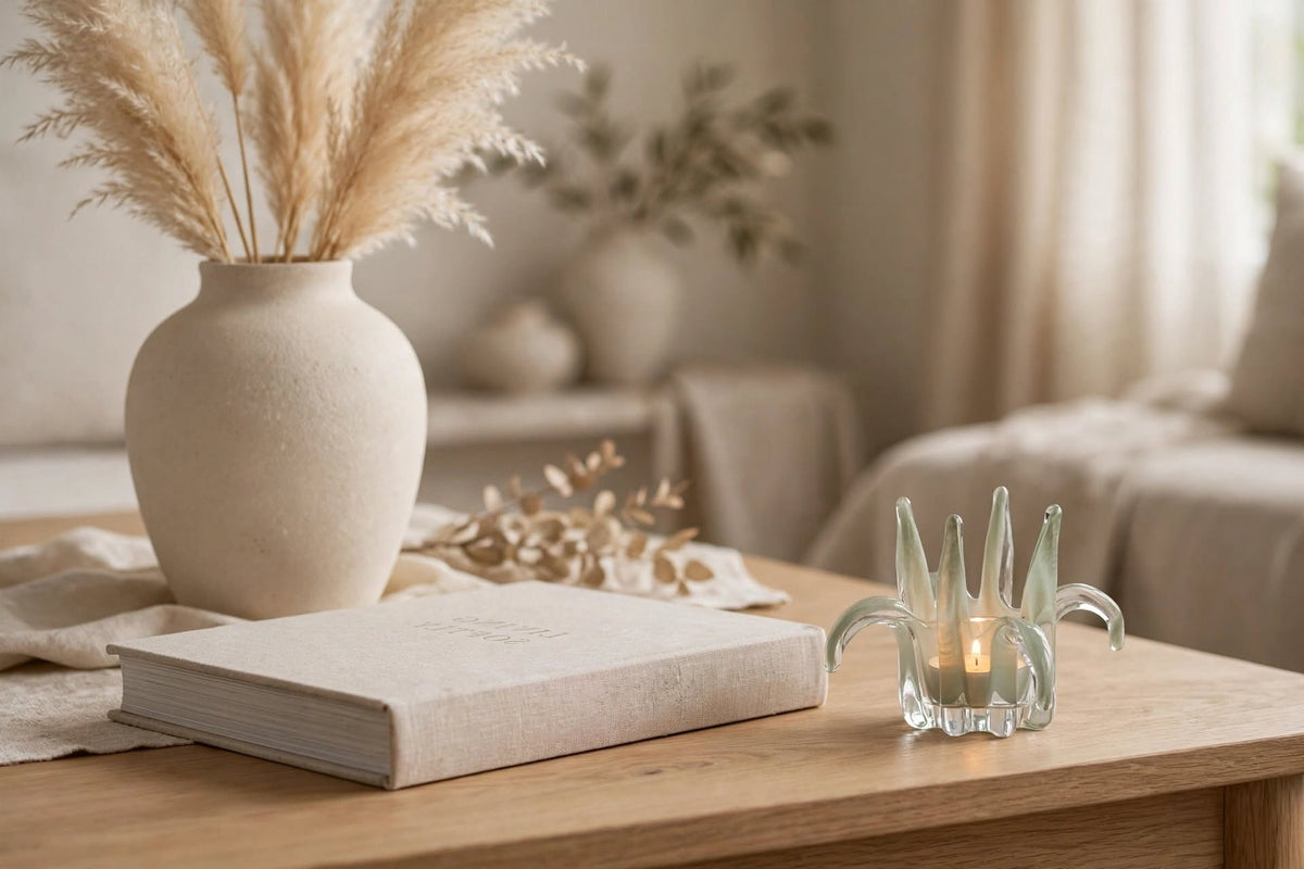 Cream vase, candle holder and a book on a pale wooden table in soft daylight