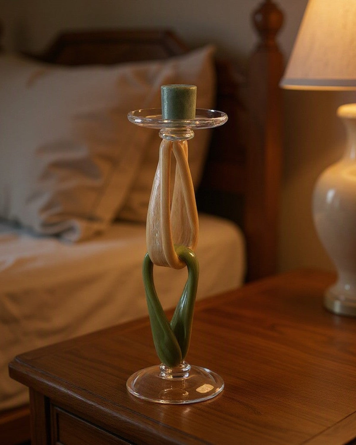 Twig Handmade Glass Candlestick styled in a bedroom