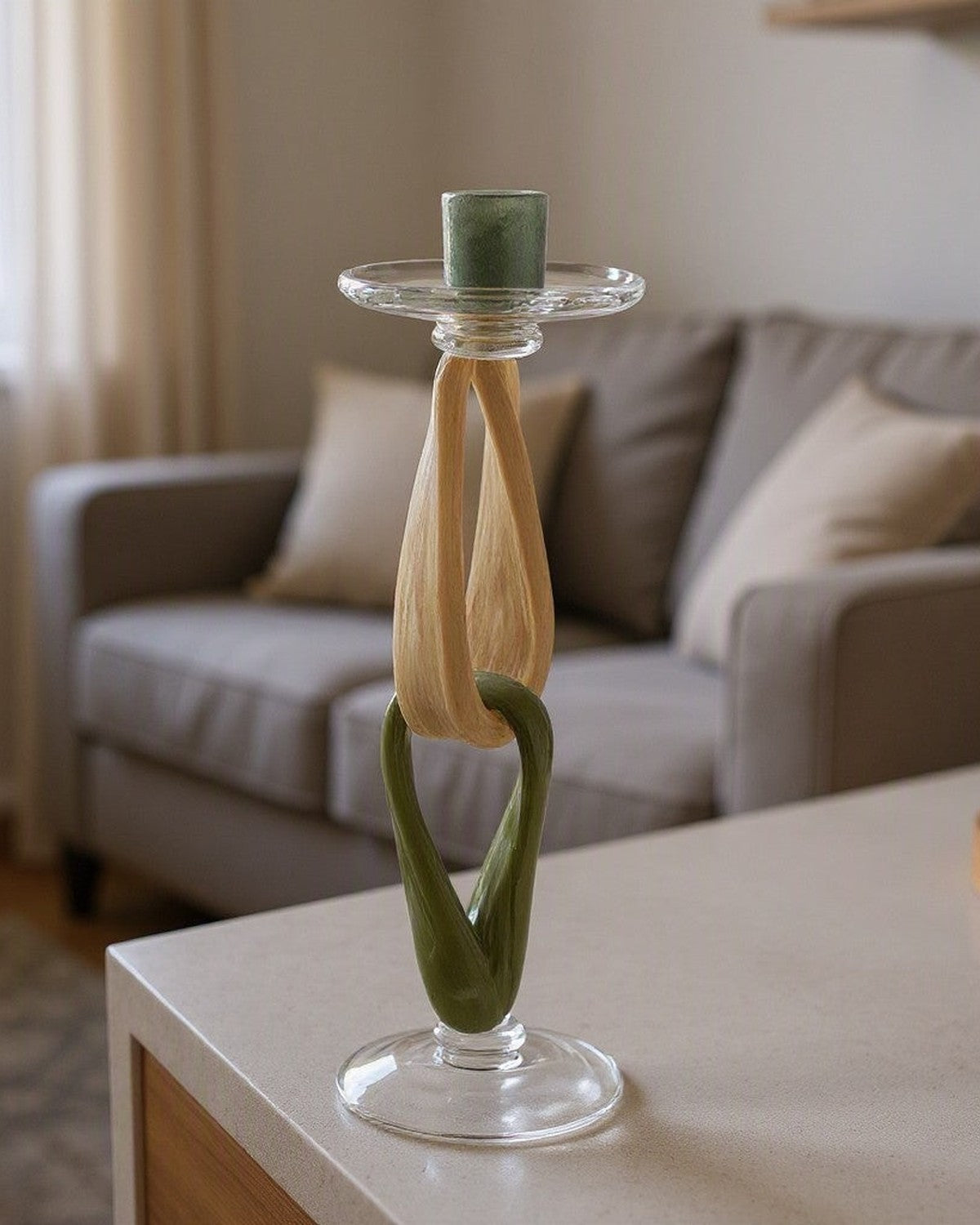 Twig Handmade Glass Candlestick styled in a living room