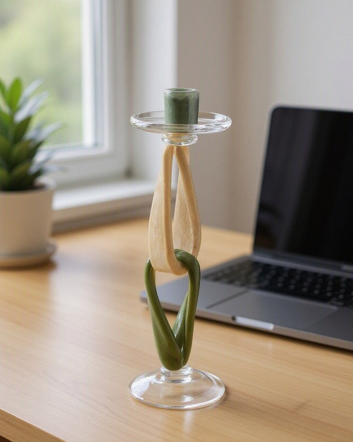 Twig Handmade Glass Candlestick on a desk