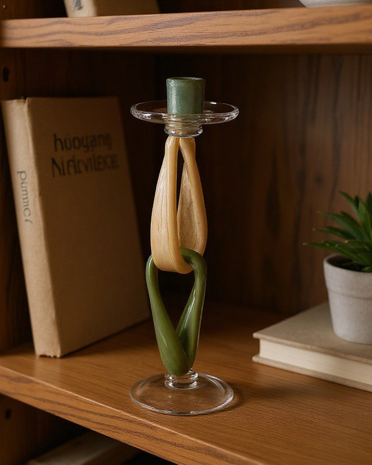 Twig Handmade Glass Candlestick on a shelf