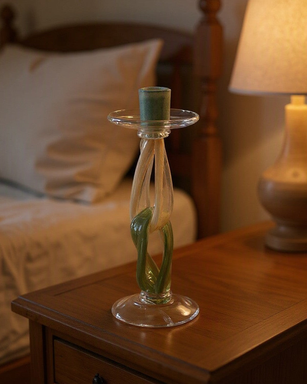 Twig Handmade Glass Candlestick styled in a bedroom
