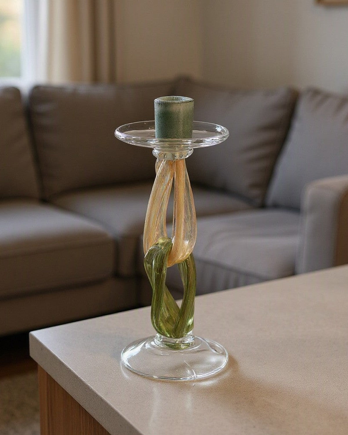 Twig Handmade Glass Candlestick styled in a living room