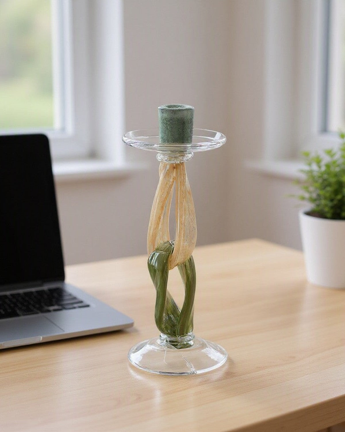 Twig Handmade Glass Candlestick on a desk