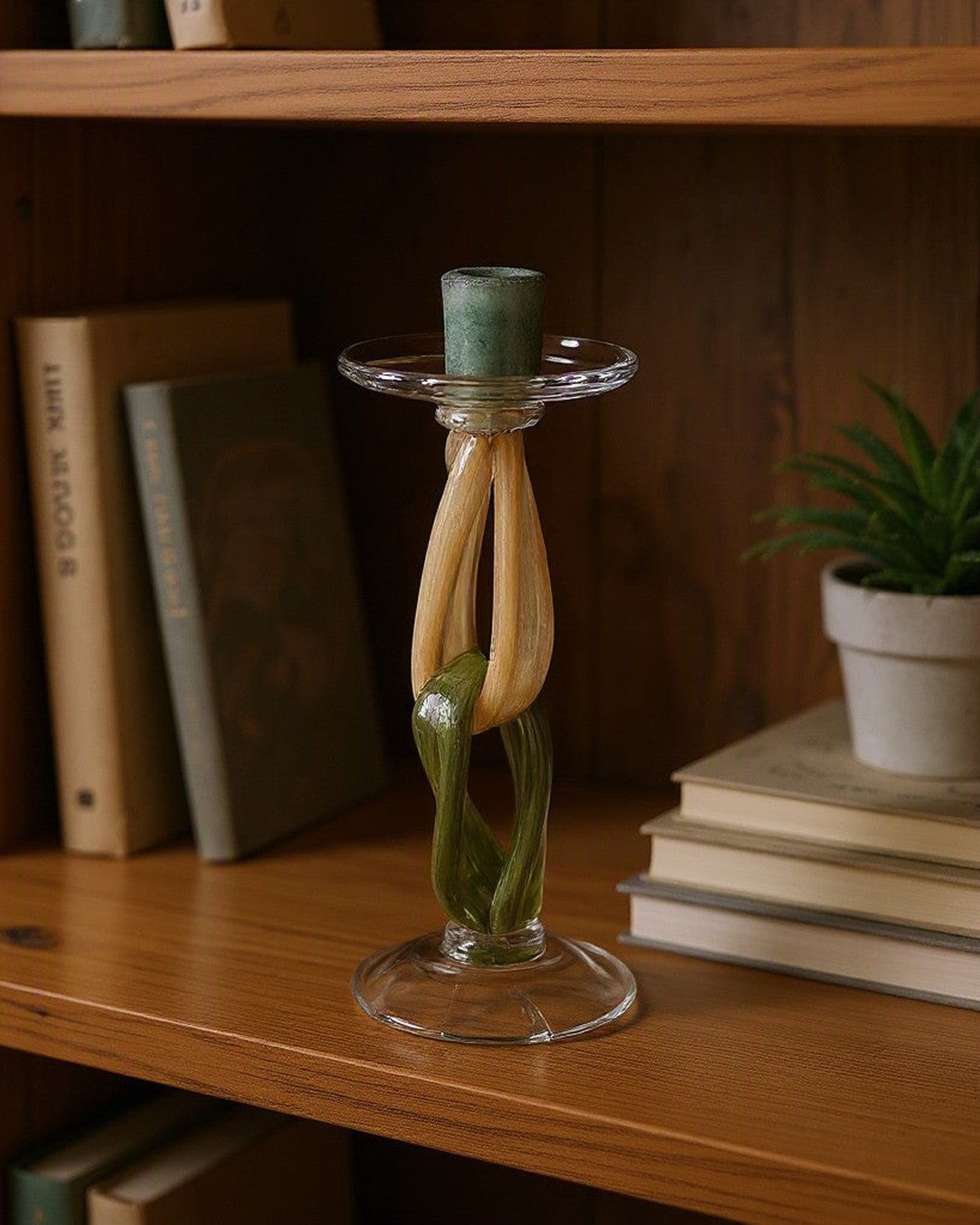 Twig Handmade Glass Candlestick on a shelf