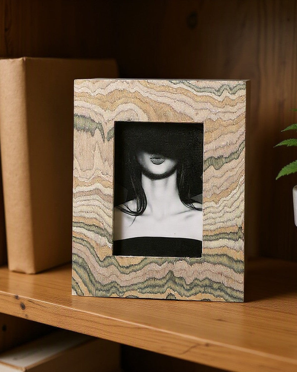 Mountain Veneer Photo Frame on a shelf