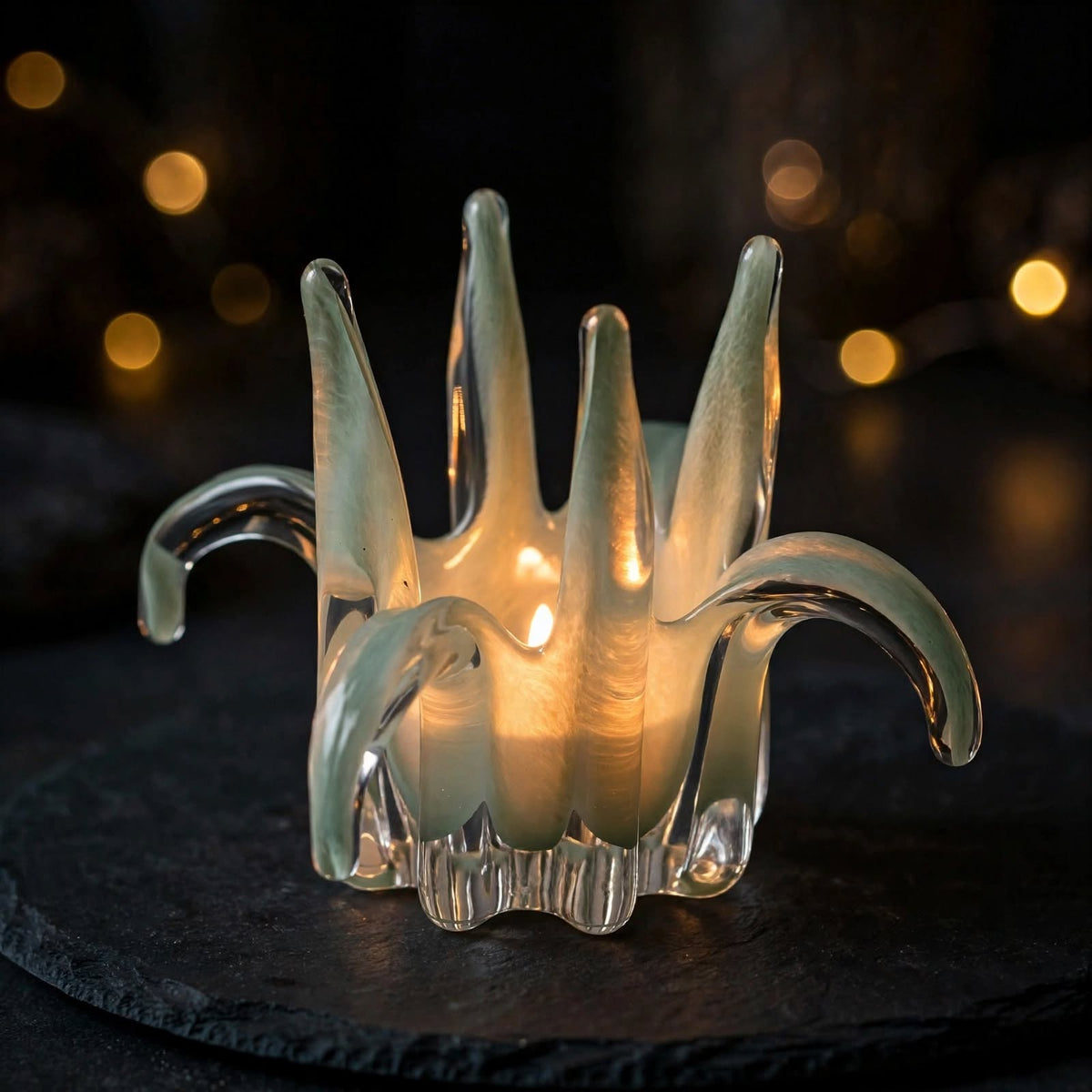 Close view of a lit opal glass candle holder against warm bokeh lights