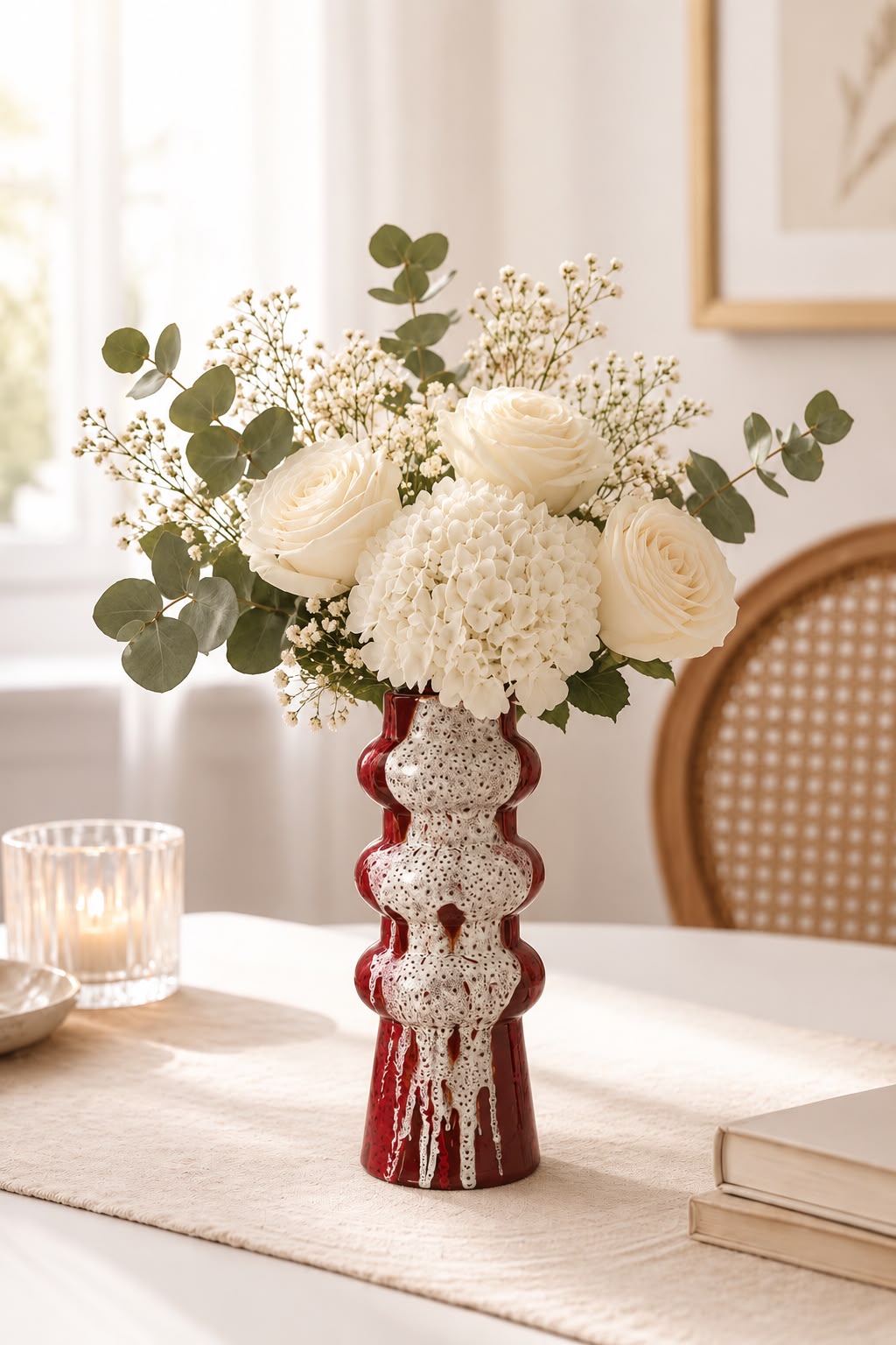 Red speckled ceramic vase with white hydrangeas on a dining table