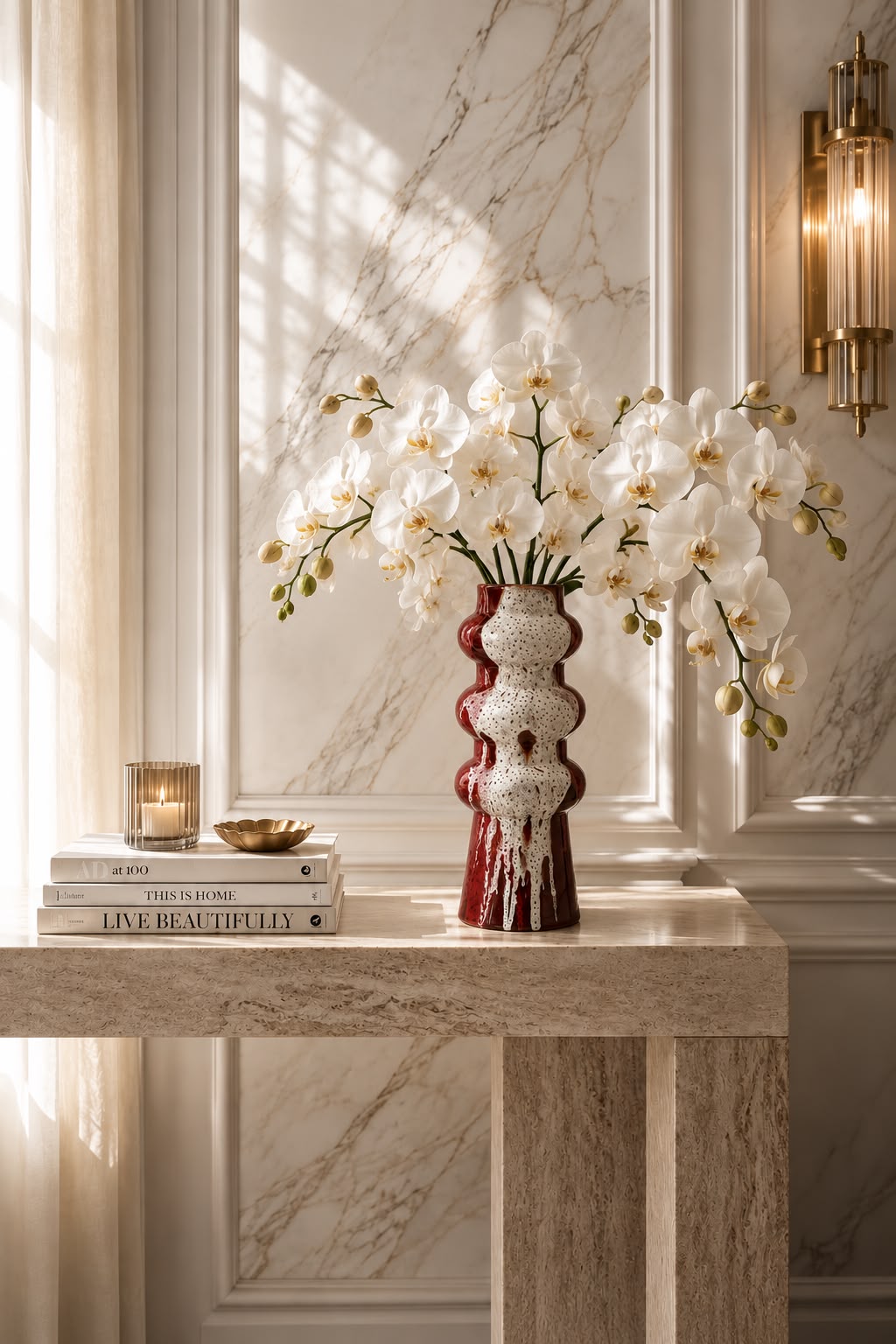 Red speckled ceramic vase with white orchids on a marble console by a window