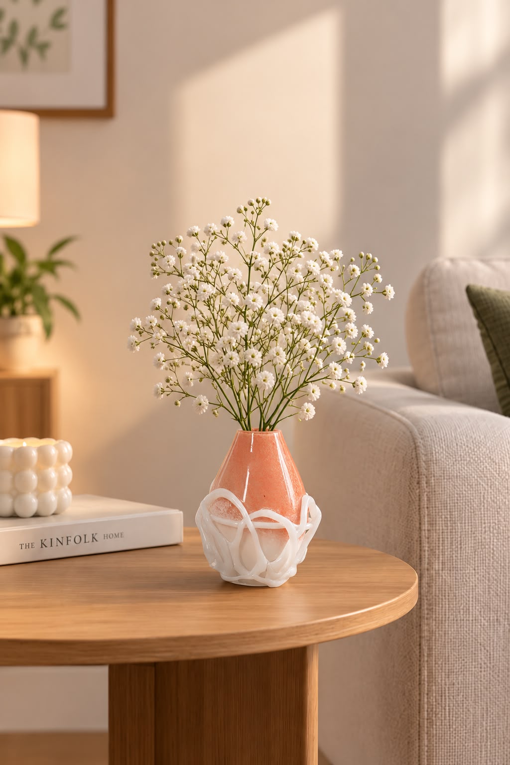 Small coral and white glass vase with gypsophila on a round side table