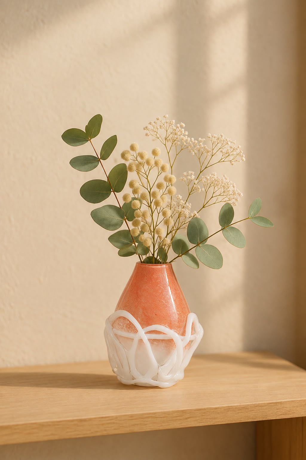 Small coral and white glass vase with eucalyptus on a wooden console